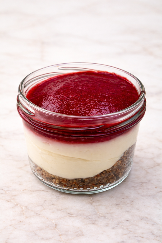 dessertpotje cheesecake met frambozencoulis & speculoos crumble